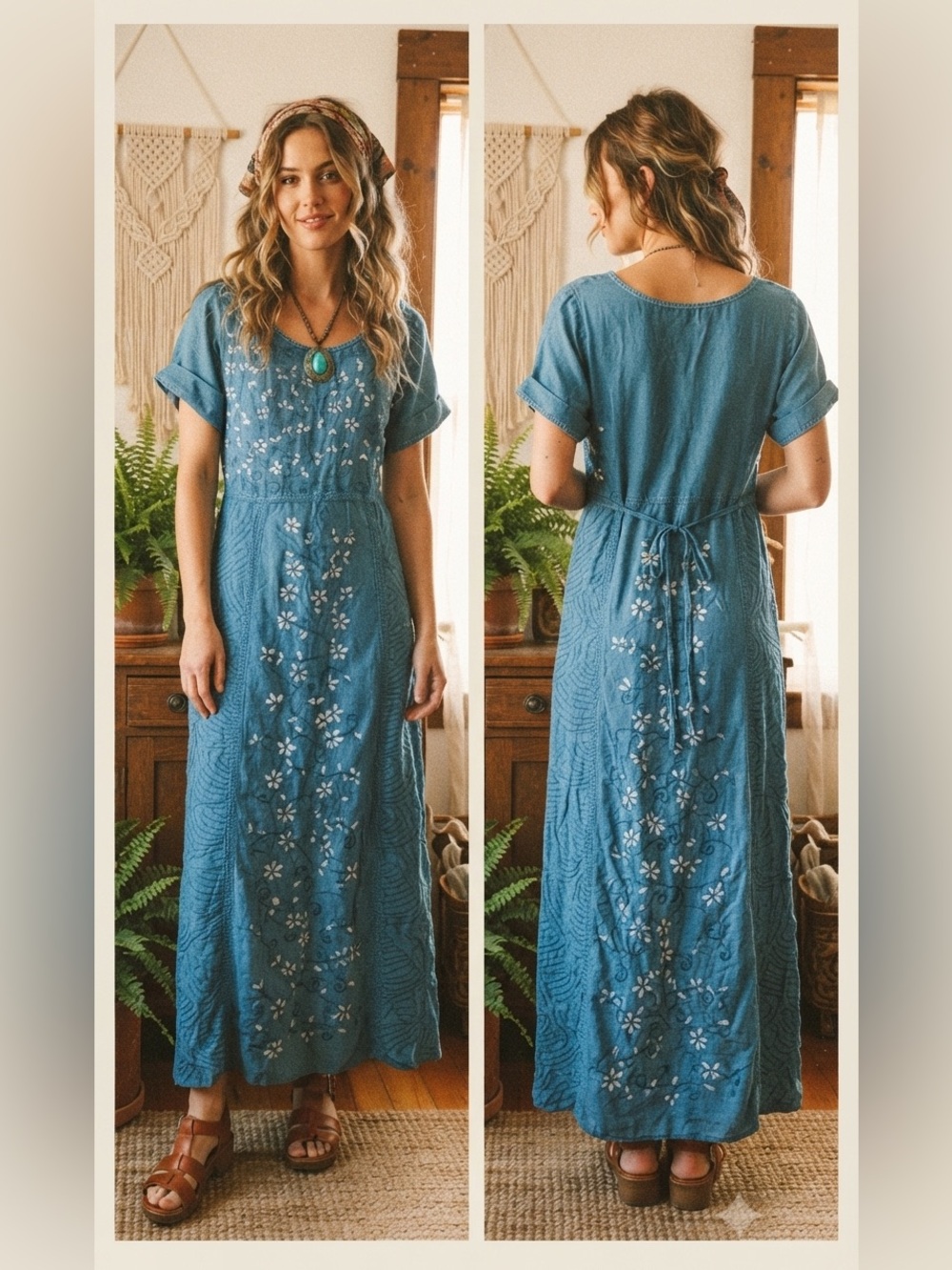 VTG BILA Floral Embroidered All Over Maxi Dress  L Tie back
Boho Gypsie Peasant
